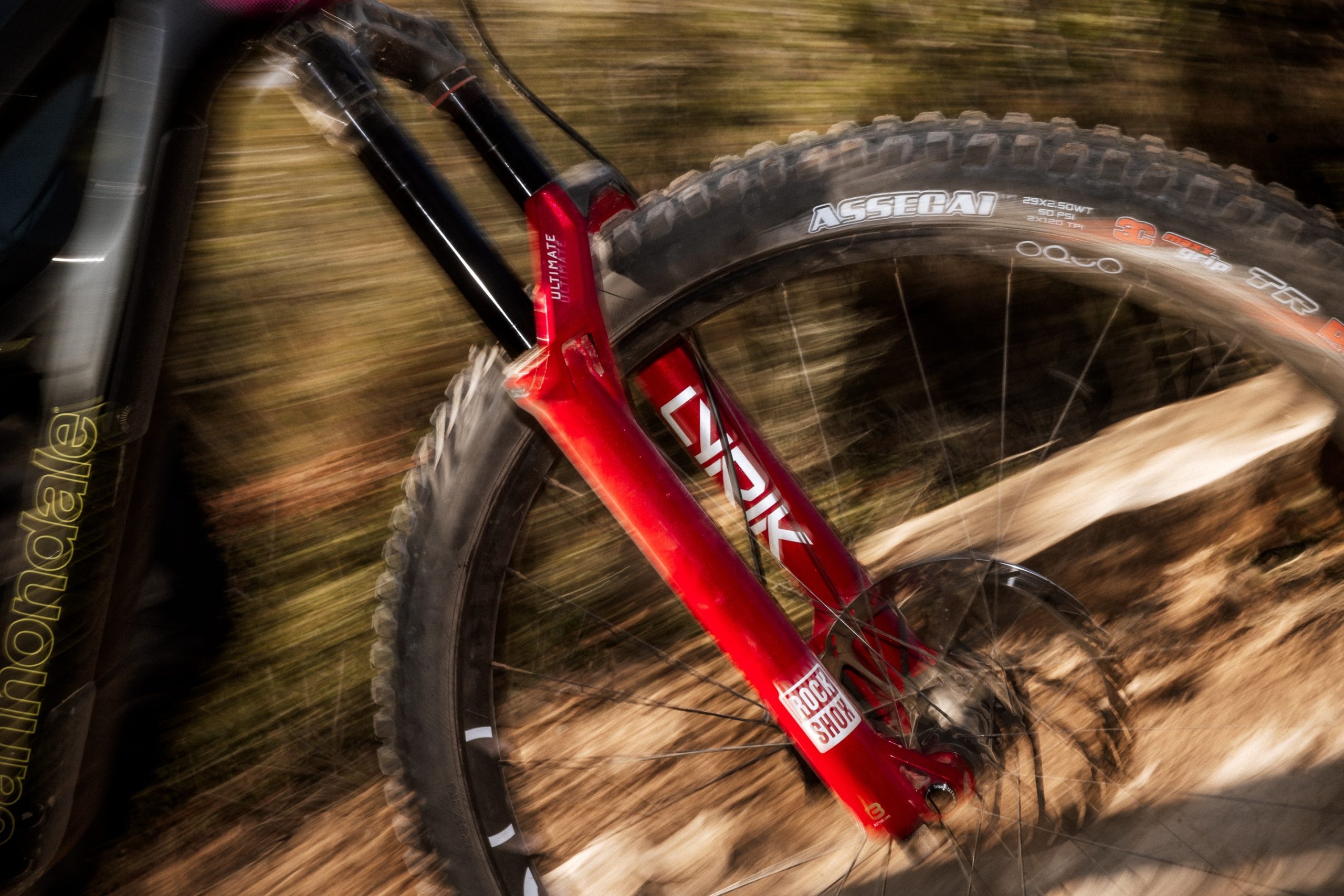 Closely cropped pic focused on RockShox Lyrik suspension fork.
