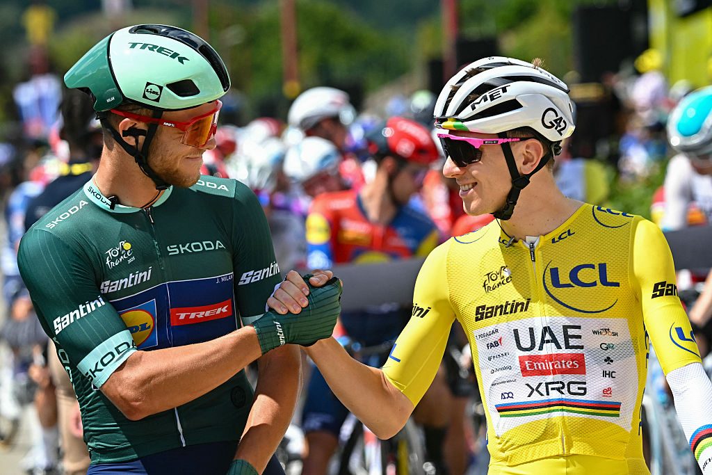 Jonathan Milan and Tadej Pogacar at the 2025 Tour de France