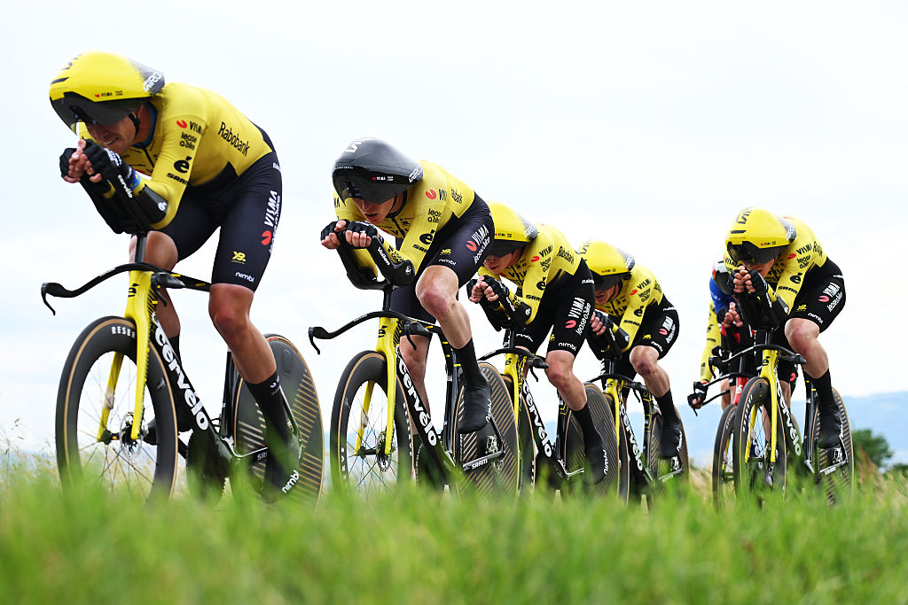 Visma-Lease a Bike riding the team time trial at the Tour Auvergne-Rhone-Alpes