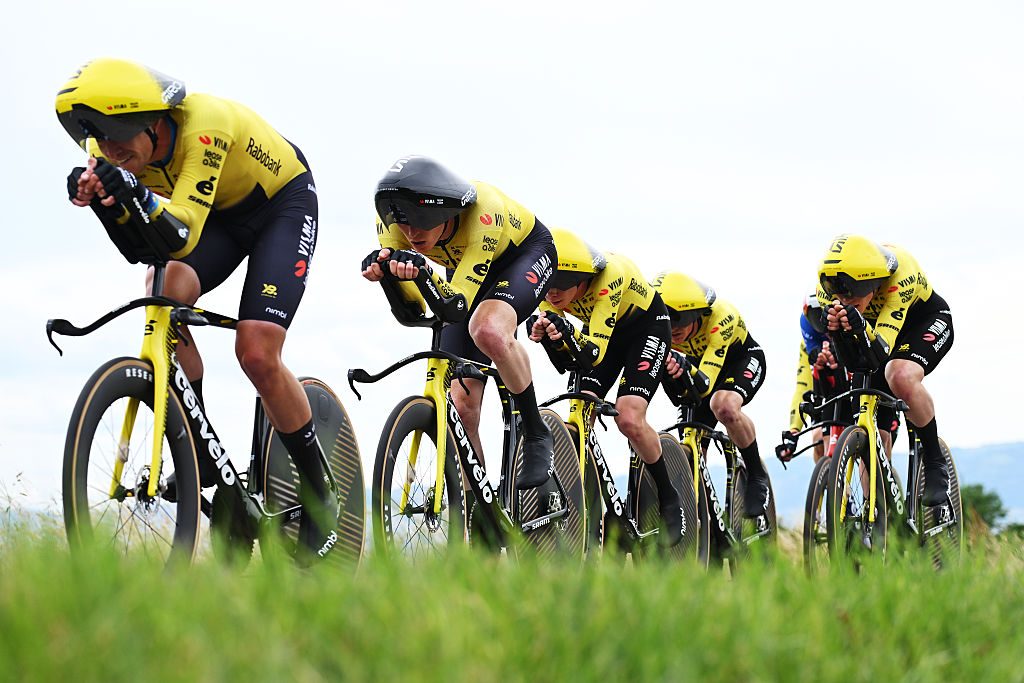 Visma-Lease a Bike riding the team time trial at the Tour Auvergne-Rhone-Alpes