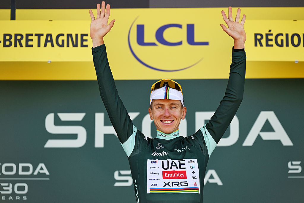 Tadej Pogacar wearing the green jersey