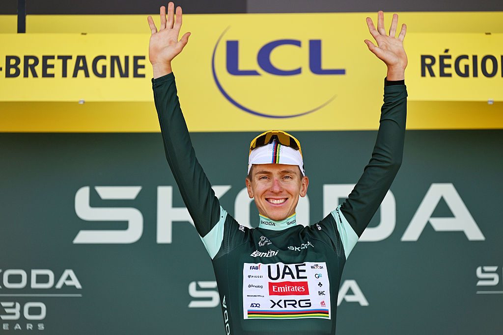Tadej Pogacar wearing the green jersey