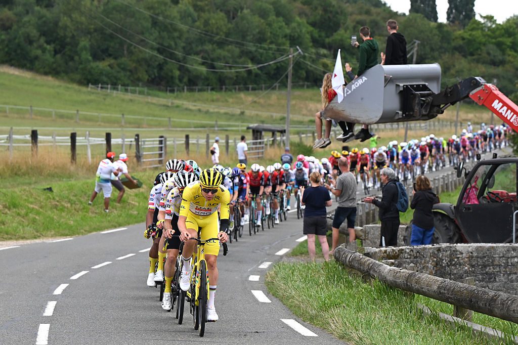 Tadej Pogacar leading peloton at TDF 2025