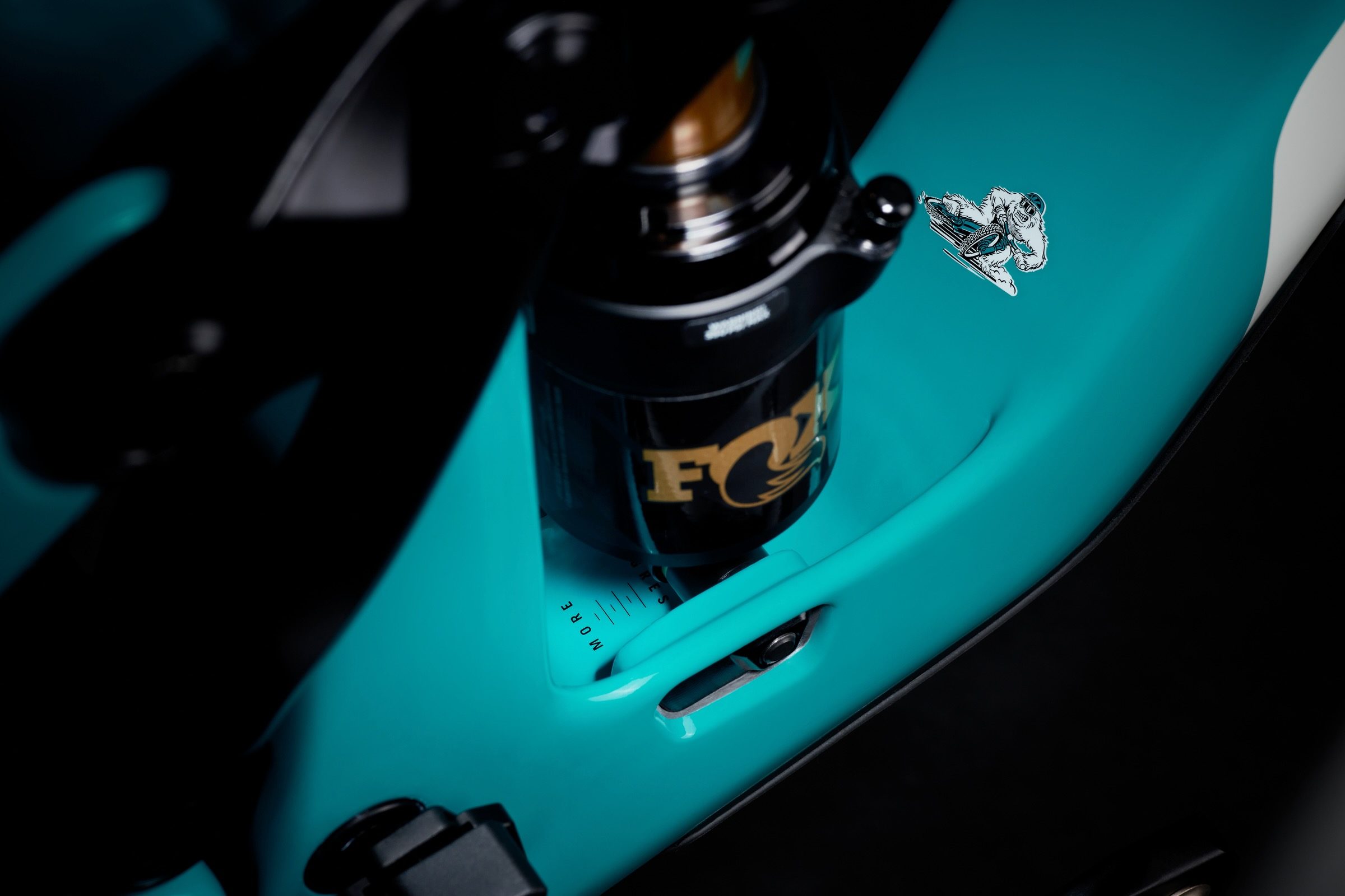 Close-up of the Yeti LT's suspension progression indicator beside the shock mount.