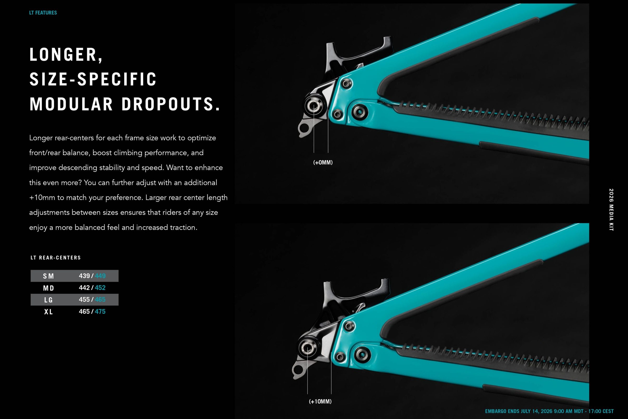 The Yeti LT's modular rear dropouts allow riders to extend the chainstay length by 10mm.
