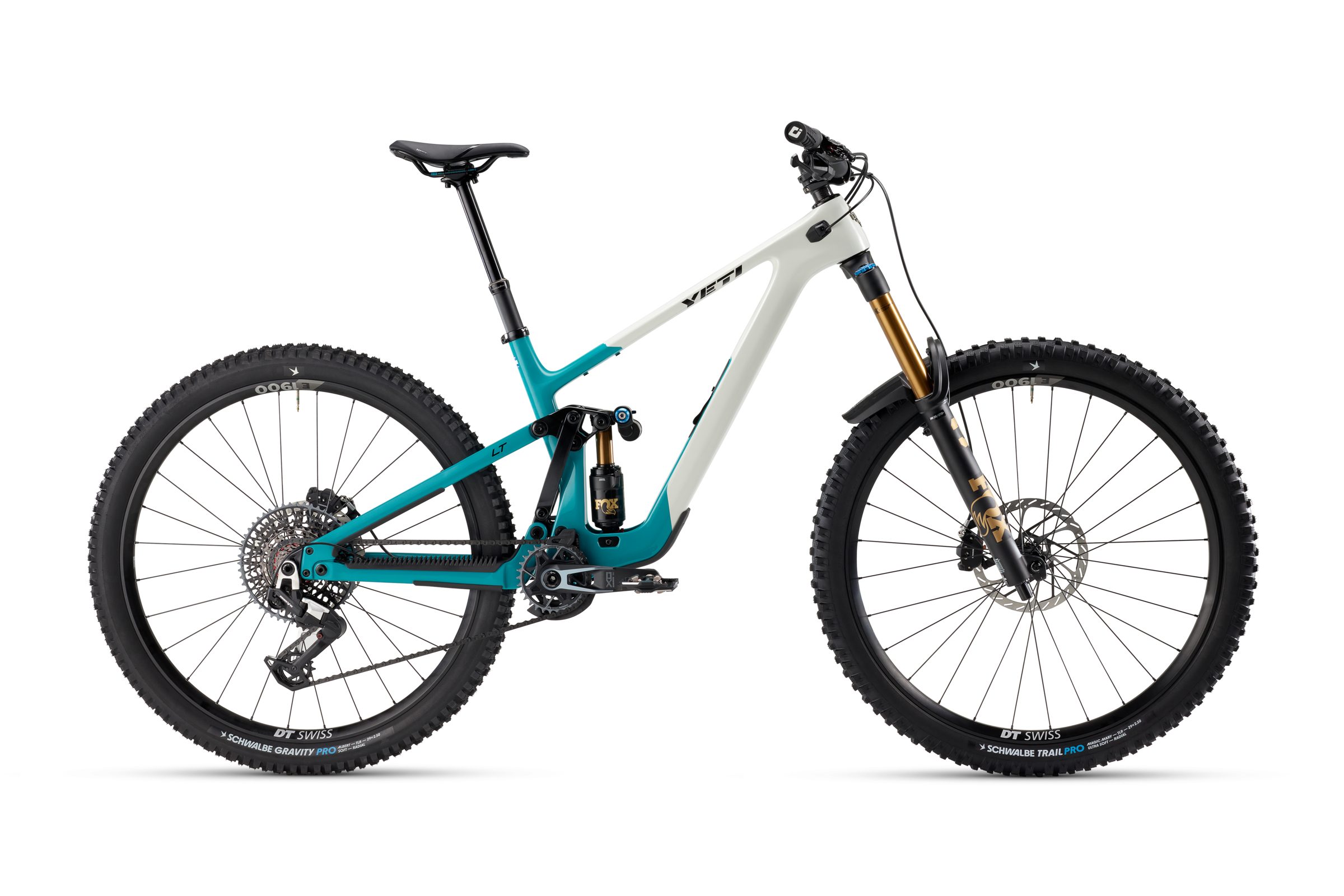 The Yeti LT X0/90 enduro mountain bike in Turquoise and White.