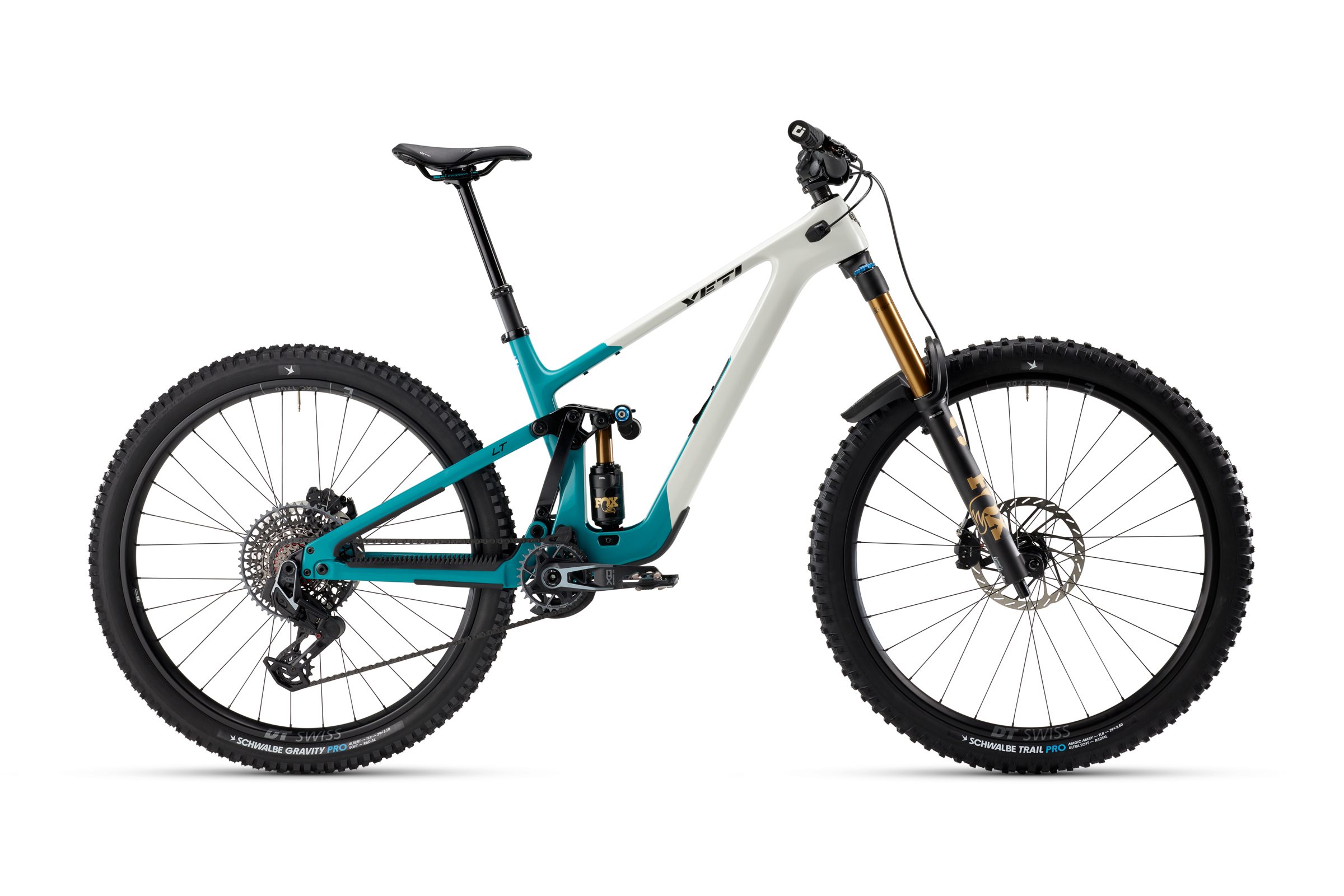 The flagship Yeti LT X0 enduro mountain bike in Turquoise and White.