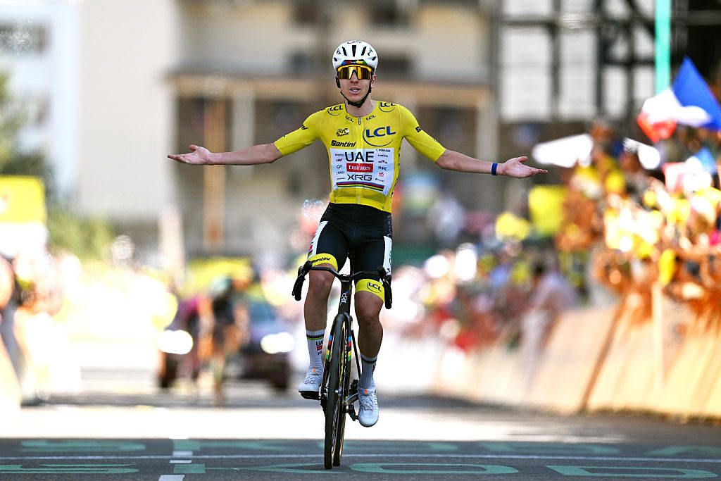 ALPE D'HUEZ, FRANCE - JULY 24: Tadej Pogacar of Slovenia and UAE Team Emirates - XRG - Yellow Leader Jersey celebrates at finish line as stage winner during the 113th Tour de France 2026, Stage 19 a 127.9km stage from Gap to Alpe d'Huez 1835m / #UCIWT / on July 24, 2026 in Alpe d'Huez, France. (Photo by Luc Claessen/Getty Images)