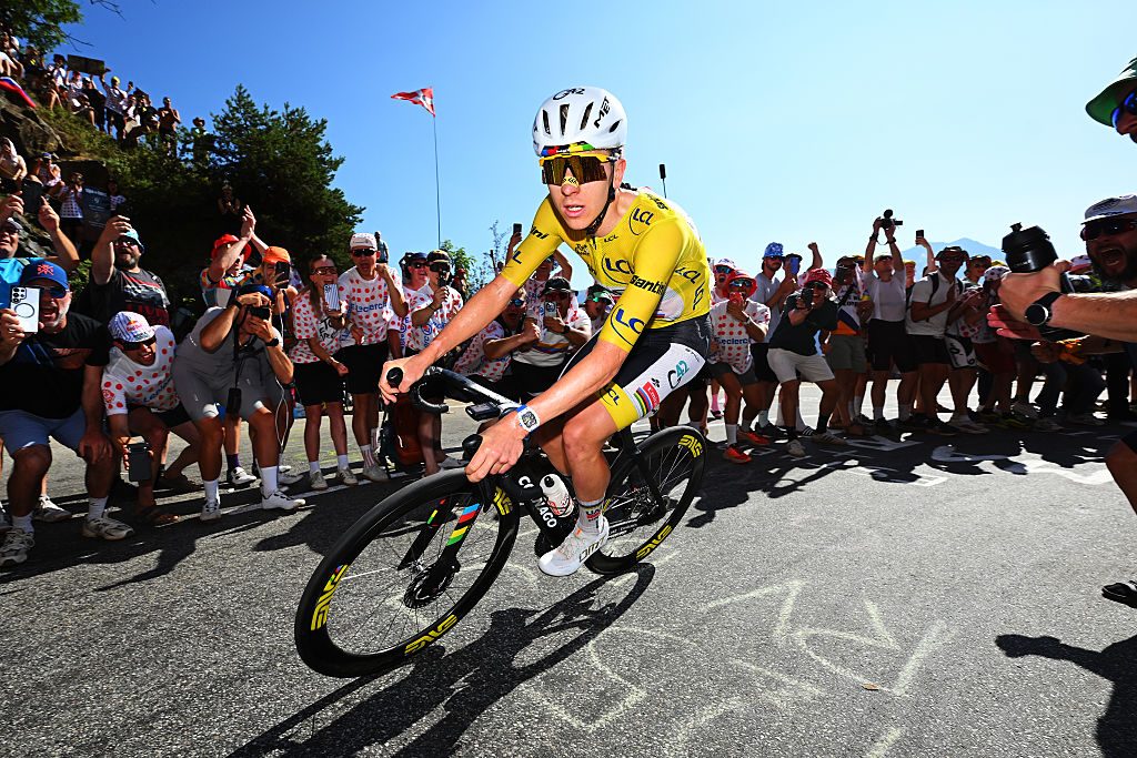 ALPE D'HUEZ, FRANCE - JULY 24: Tadej Pogacar of Slovenia and UAE Team Emirates - XRG - Yellow Leader Jersey competes during the 113th Tour de France 2026, Stage 19 a 127.9km stage from Gap to Alpe d'Huez 1835m / #UCIWT / on July 24, 2026 in Alpe d'Huez, France. (Photo by Tim de Waele/Getty Images)