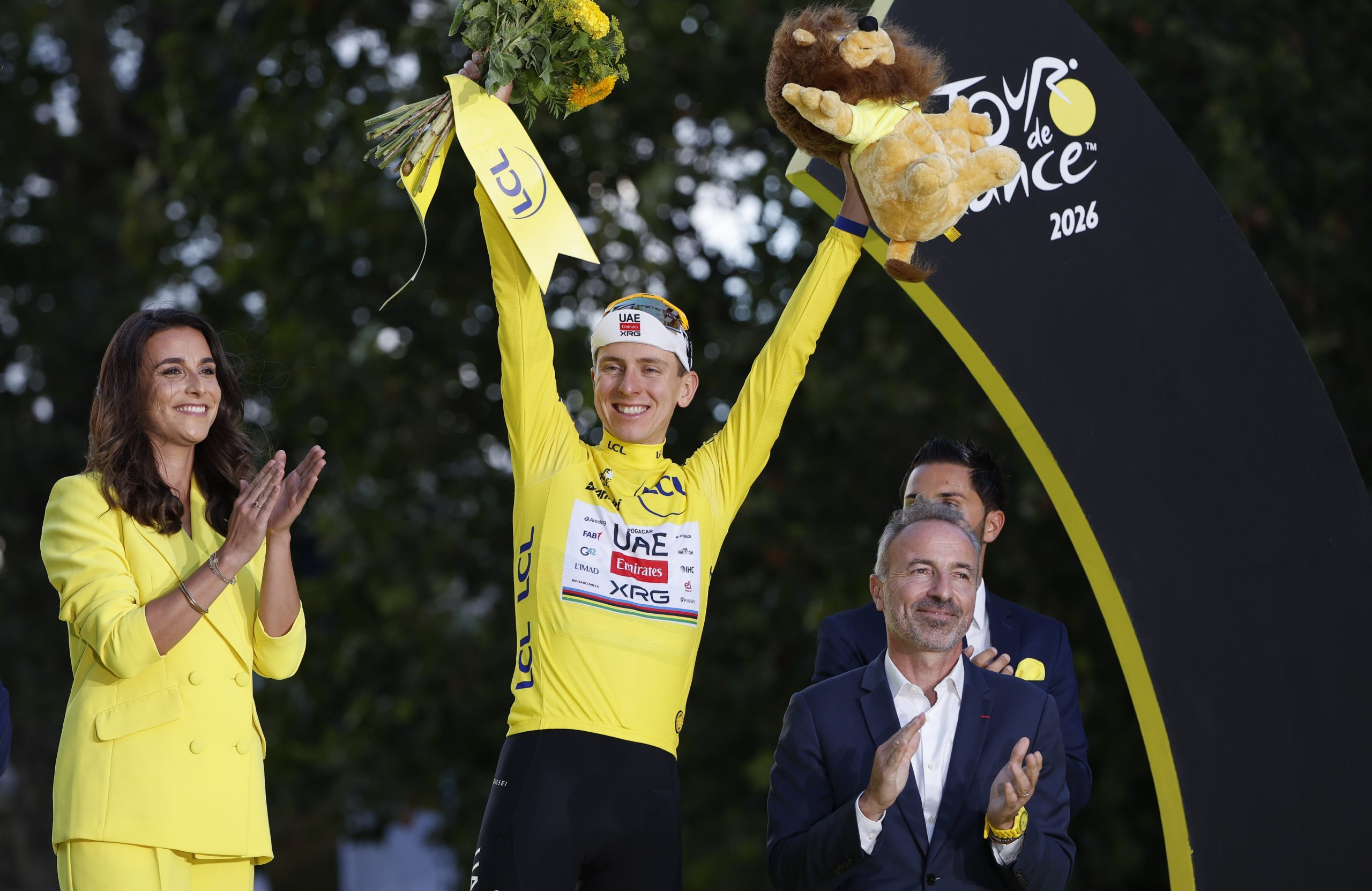 Tadej Pogacar on the podium of the 2026 Tour de France.