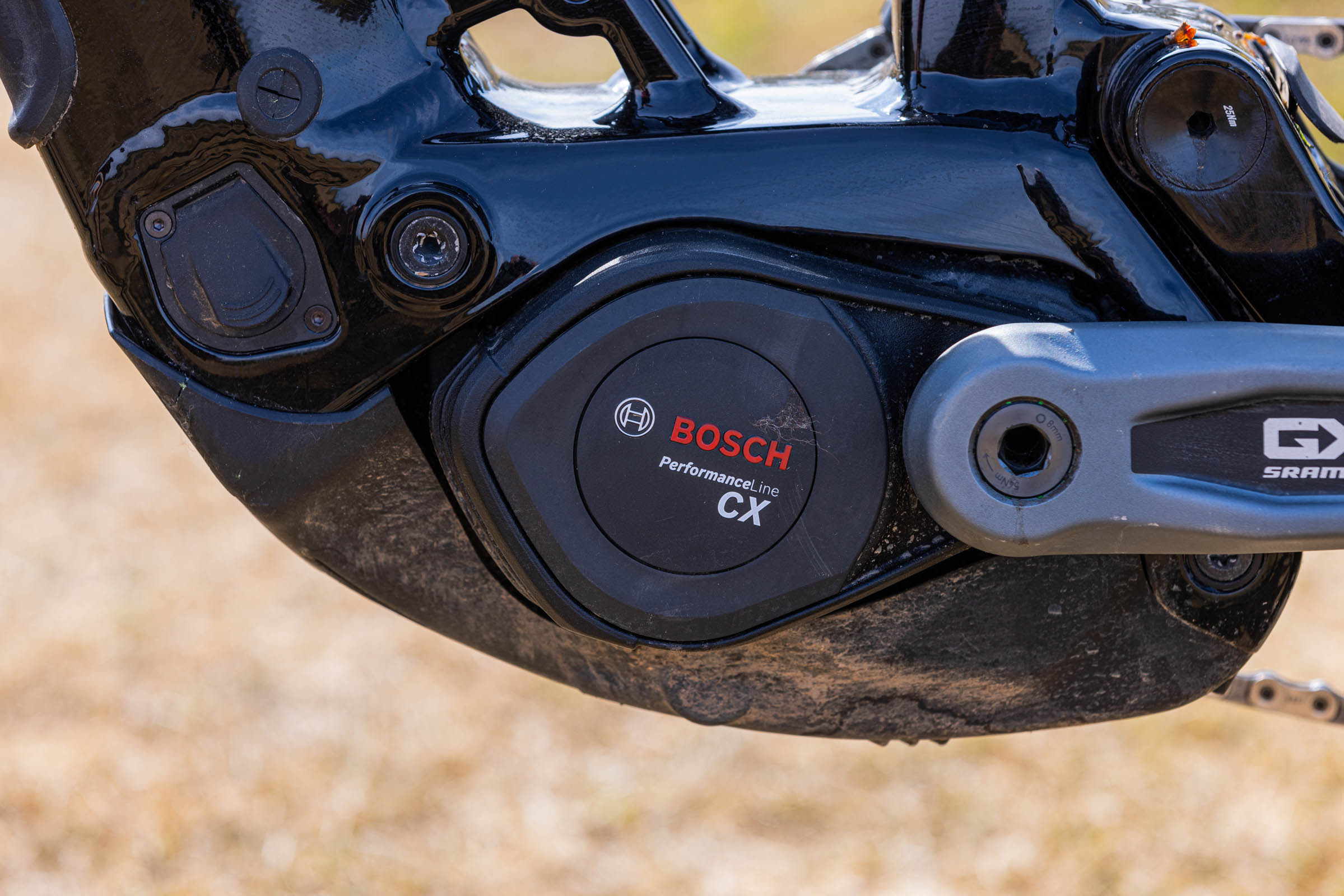 Close-up of the Bosch Performance Line CX motor and SRAM crank fitted to the Marin Alpine Trail E XR