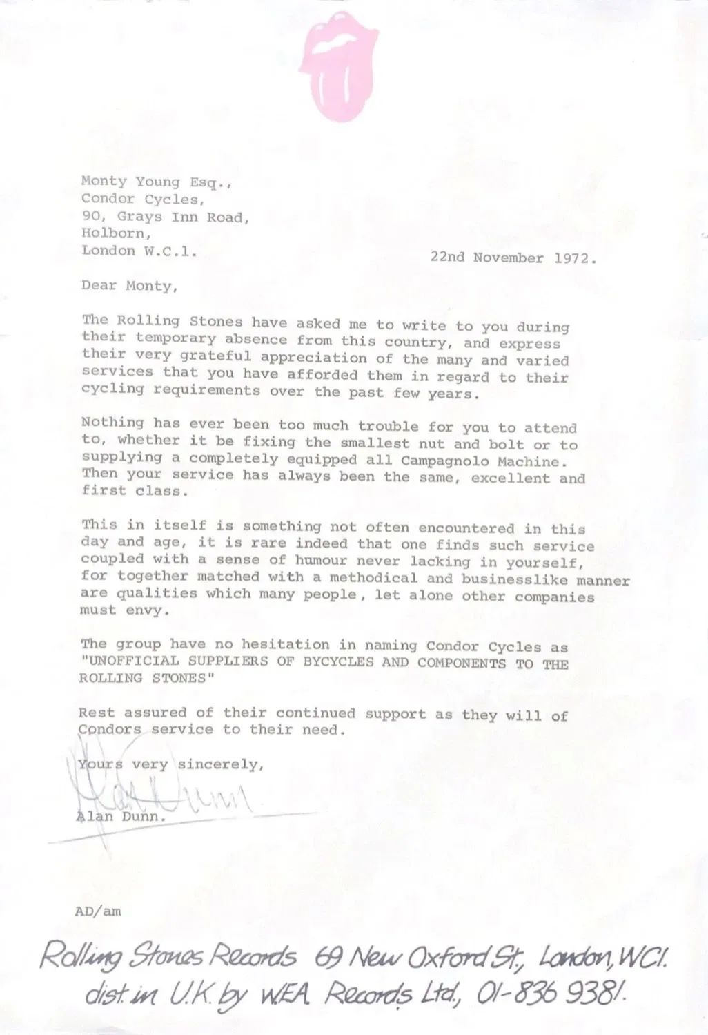 Mick Jagger's Condor Baracchi note