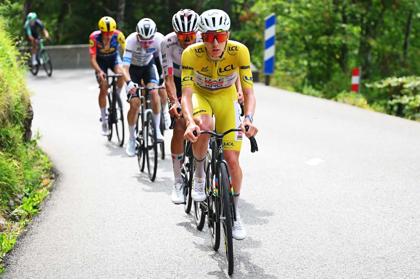 PLATEAU DE SOLAISON, FRANCE - JULY 19: Tadej Pogacar of Slovenia and UAE Team Emirates - XRG - Yellow Leader Jersey competes in the breakaway during the 113th Tour de France 2026, Stage 15 a 183.9km a 155.3km stage from Champagnole to Plateau de Solaison 1501m / #UCIWT / on July 19, 2026 in Plateau de Solaison, France. (Photo by Tim de Waele/Getty Images)