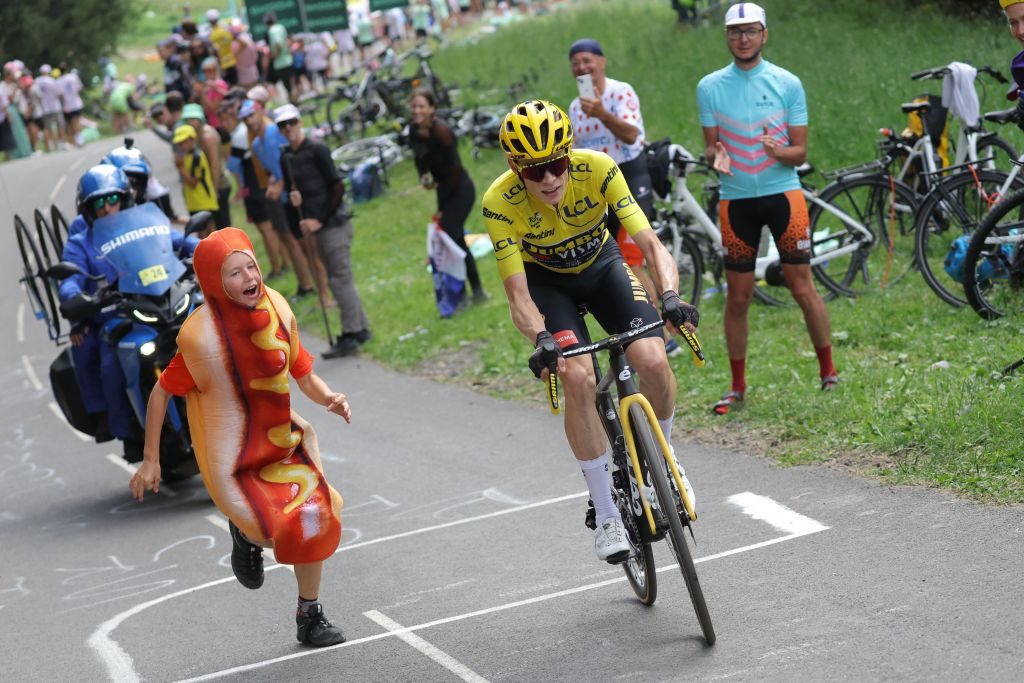 Jumbo-Visma's Danish rider Jonas Vingegaard wearing the overall leader's yellow jersey cycles in the ascent of Col de la Loze during the 17th stage of the 110th edition of the Tour de France cycling race, 166 km between Saint-Gervais Mont-Blanc and Courchevel, in the French Alps, on July 19, 2023.
