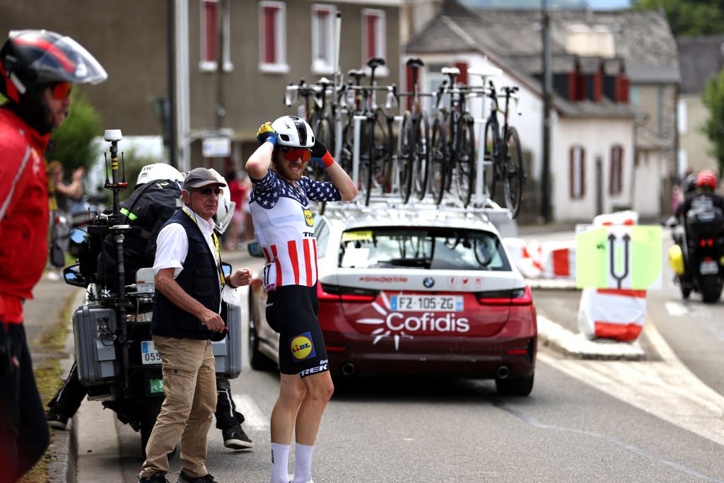 LARUNS, FRANCE - JULY 05: Quinn Simmons of The United States and Team Lidl-Trek waiting the team car during the stage five of the 110th Tour de France 2023 a 162.7km stage from Pau to Laruns / #UCIWT / on July 05, 2023 in Laruns, France.