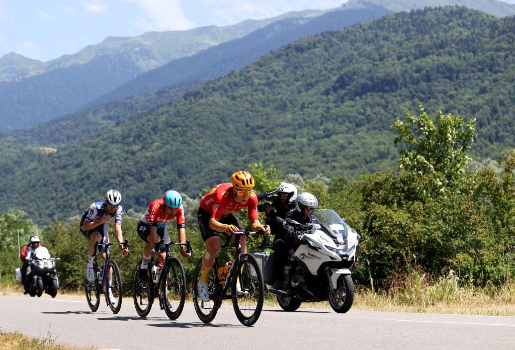 BOURG-EN-BRESSE, FRANCE - JULY 20: (L-R) Kasper Asgreen of Denmark and Team Soudal - Quick Step, Victor Campenaerts of Belgium and Team Lotto Dstny, Jonas Abrahamsen of Norway and Uno-X Pro Cycling Team compete in the breakaway during the stage eighteen of the 110th Tour de France 2023 a 184.9km stage from Moûtiers to Bourg-en-Bresse / #UCIWT / on July 20, 2023 in Bourg-en-Bresse, France.