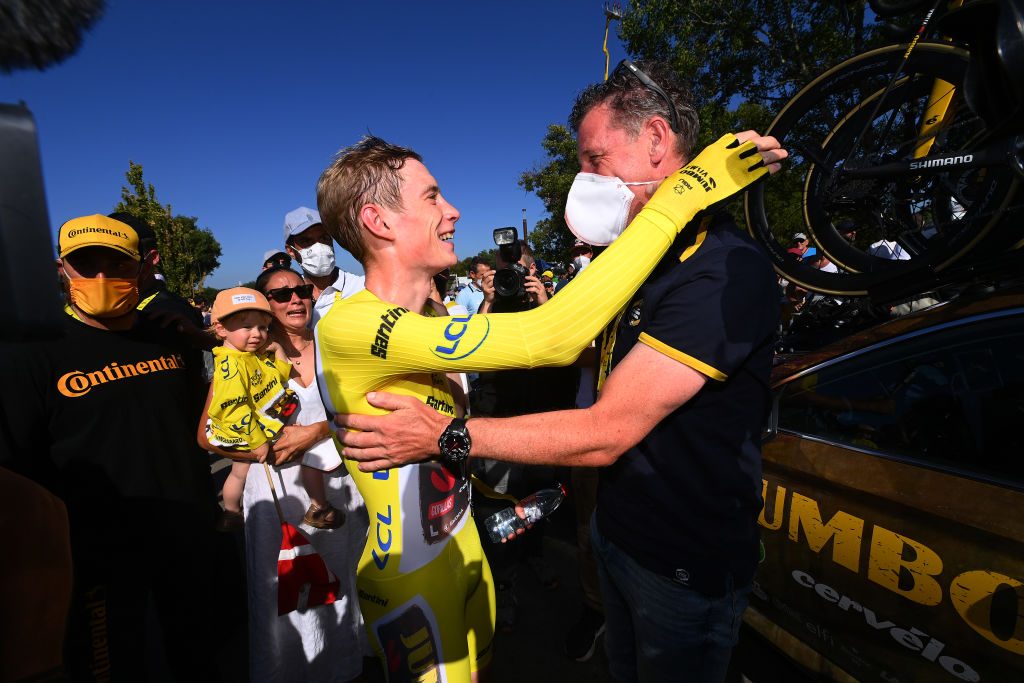 109th Tour de France 2022 - Stage 20 ROCAMADOUR, FRANCE - JULY 23: Jonas Vingegaard Rasmussen of Denmark and Team Jumbo - Visma - Yellow Leader Jersey celebrates with his Sports director Frans Maassen of Netherlands as overall race winner after the 109th Tour de France 2022, Stage 20 a 40,7km individual time trial from Lacapelle-Marival to Rocamadour / #TDF2022 / #WorldTour / on July 23, 2022 in Rocamadour, France. (Photo by Tim de Waele/Getty Images)