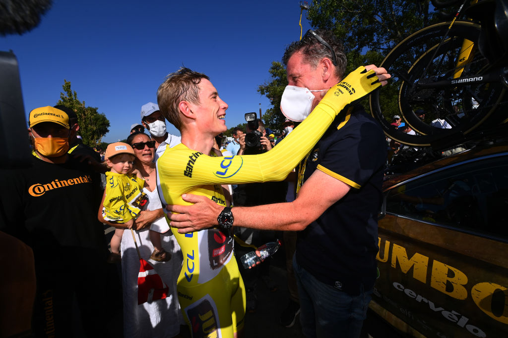 109th Tour de France 2022 - Stage 20 ROCAMADOUR, FRANCE - JULY 23: Jonas Vingegaard Rasmussen of Denmark and Team Jumbo - Visma - Yellow Leader Jersey celebrates with his Sports director Frans Maassen of Netherlands as overall race winner after the 109th Tour de France 2022, Stage 20 a 40,7km individual time trial from Lacapelle-Marival to Rocamadour / #TDF2022 / #WorldTour / on July 23, 2022 in Rocamadour, France. (Photo by Tim de Waele/Getty Images)