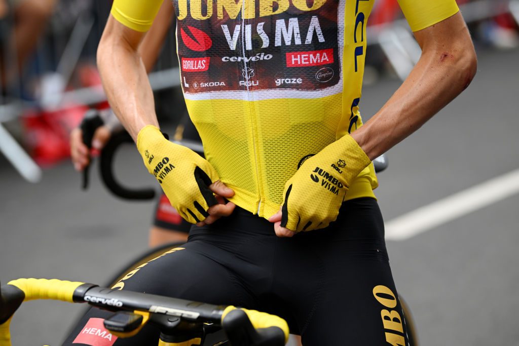 109th Tour de France 2022 - Stage 19 CAHORS, FRANCE - JULY 22: Detailed view of Jonas Vingegaard Rasmussen of Denmark and Team Jumbo - Visma Yellow Leader Jersey during the 109th Tour de France 2022, Stage 19 a 188,3km stage from Castelnau-Magnoac to Cahors / #TDF2022 / #WorldTour / on July 22, 2022 in Cahors, France. (Photo by Dario Belingheri/Getty Images)