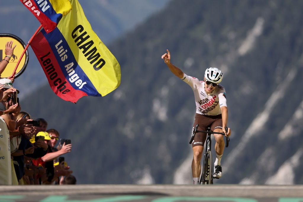 COURCHEVEL, FRANCE - JULY 19: Felix Gall of Austria and AG2R Citroen Team celebrates at finish line winning stage seventeen of the 110th Tour de France 2023, a 165.7km stage from Saint-Gervais Montblanc to Courchevel / #UCIWT / on July 19, 2023 in Courchevel, France.