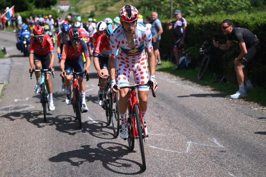 LE-MARKSTEIN, FRANCE - JULY 22: Giulio Ciccone of Italy and Team Lidl-Trek - Polka dot Mountain Jersey competes in the breakaway during the stage twenty of the 110th Tour de France 2023 a 133.5km stage from Belfort to Le Markstein 1192m / #UCIWT / on July 22, 2023 in Le Markstein, France.