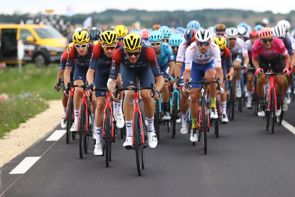 109th Tour de France 2022 - Stage 6 LONGWY, FRANCE - JULY 07: Filippo Ganna of Italy and Team INEOS Grenadiers leads the peloton during the 109th Tour de France 2022, Stage 6 a 219,9km stage from Binche to Longwy 377m / #TDF2022 / #WorldTour / on July 07, 2022 in Longwy, France. (Photo by Michael Steele/Getty Images)