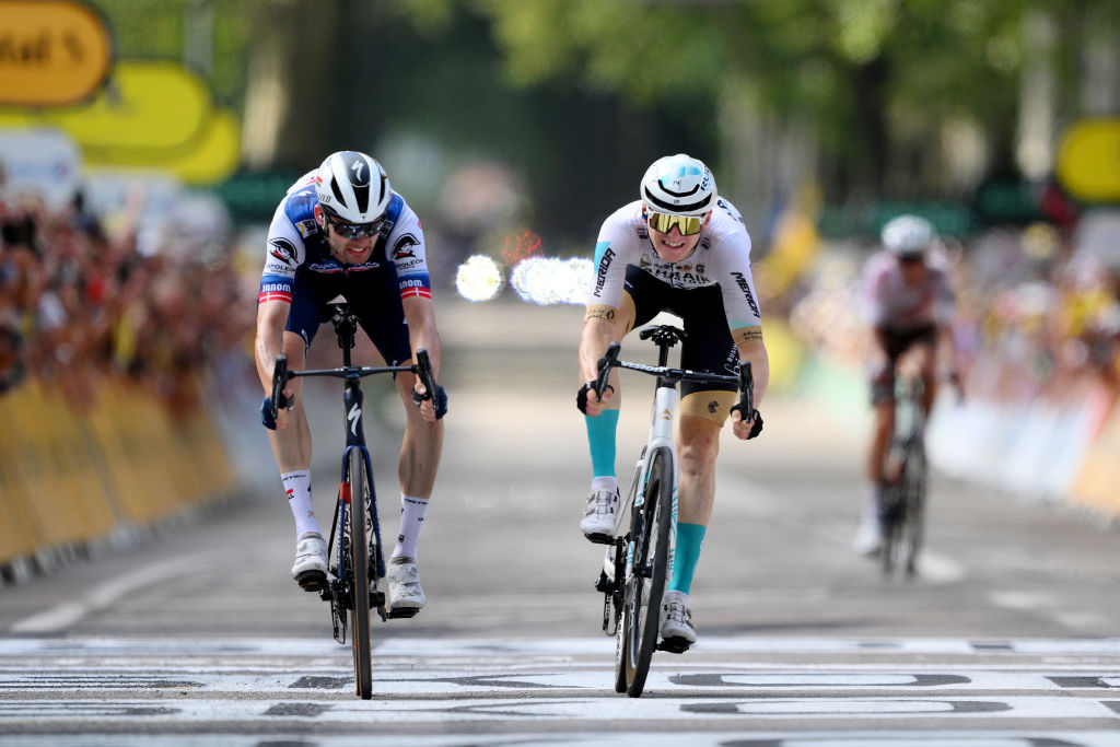 POLIGNY, FRANCE - JULY 21: (L-R) Kasper Asgreen of Denmark and Team Soudal - Quick Step and stage winner Matej Mohoric of Slovenia and Team Bahrain Victorious sprint at finish line during the stage nineteen of the 110th Tour de France 2023 a 172.8km stage from Moirans-en-Montagne to Poligny / #UCIWT / on July 21, 2023 in Poligny, France.