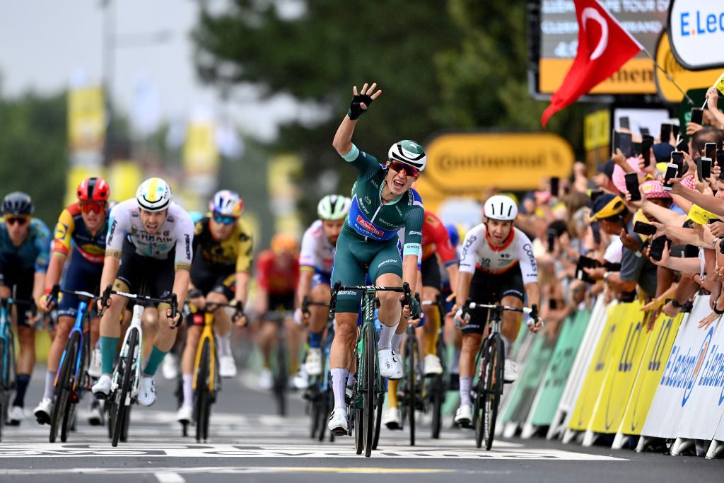 MOULINS, FRANCE - JULY 12: Jasper Philipsen of Belgium and Team Alpecin-Deceuninck - Green Points Jersey celebrates at finish line as stage winner during the stage eleven of the 110th Tour de France 2023 a 179.8km from Clermont-Ferrand to Moulins / #UCIWT / on July 12, 2023 in Moulins, France.
