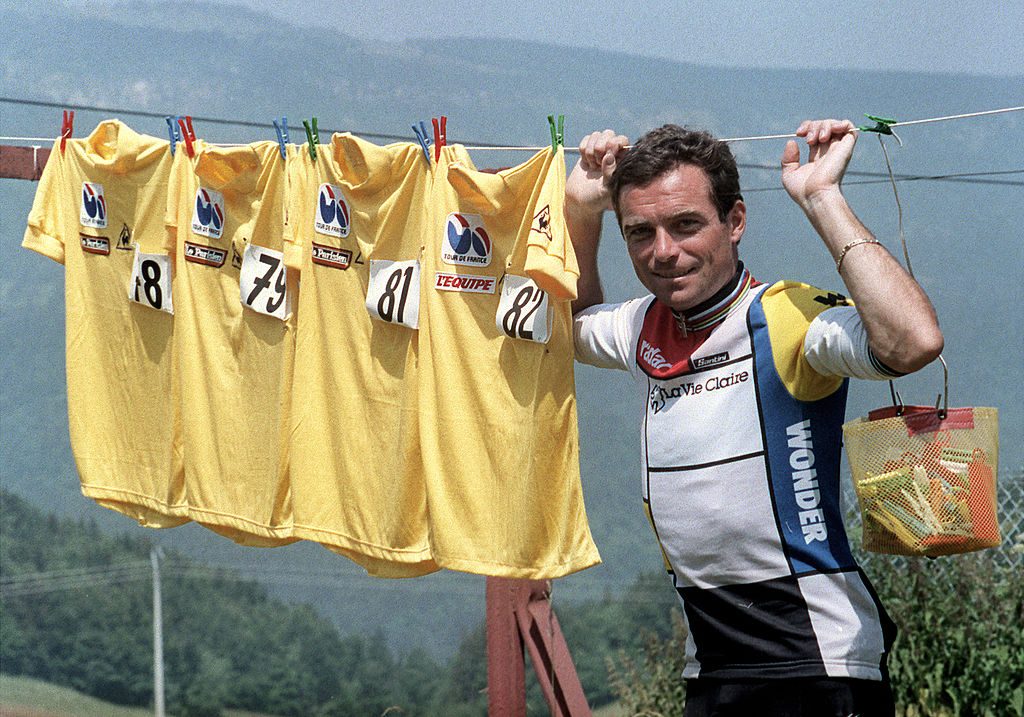 TDF 1985 Frenchman Bernard Hinault, the overall leader of the 72nd Tour de France displays during a day-off on July 12, 1985 in Villard-de-Lans, his four yellow jerseys won in previous years (1978, 1979, 1981, 1982). Hinault won the 1985 edition as well to tie the record set by his compatriot Jacques Anquetil and Belgian rider Eddy Merckx