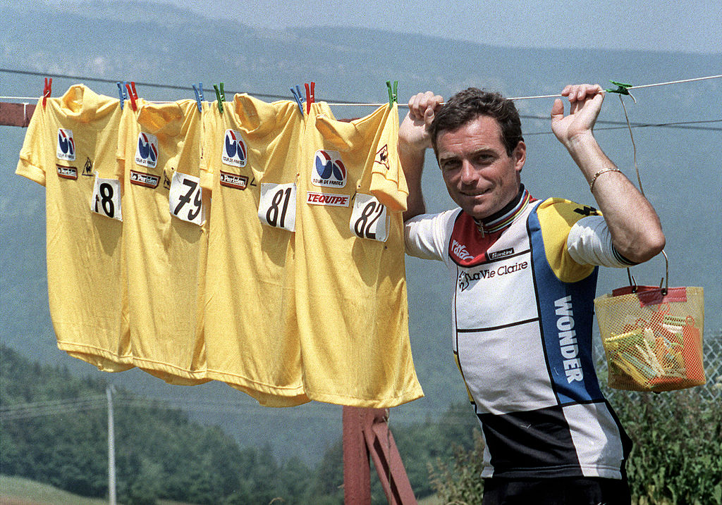 TDF 1985 Frenchman Bernard Hinault, the overall leader of the 72nd Tour de France displays during a day-off on July 12, 1985 in Villard-de-Lans, his four yellow jerseys won in previous years (1978, 1979, 1981, 1982). Hinault won the 1985 edition as well to tie the record set by his compatriot Jacques Anquetil and Belgian rider Eddy Merckx