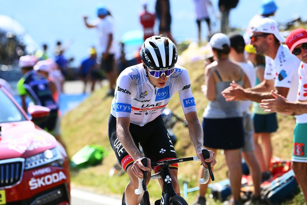 HAUTACAM, FRANCE - JULY 21: Tadej Pogacar of Slovenia and UAE Team Emirates - White Best Young Rider Jersey competes in the chase while fans cheer during the 109th Tour de France 2022, Stage 18 a 143,2km stage from Lourdes to Hautacam 1520m / #TDF2022 / #WorldTour / on July 21, 2022 in Hautacam, France. (Photo by Tim de Waele/Getty Images)