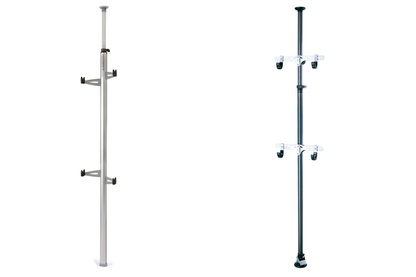 Ceiling-to-floor racks are a strong solution for rental properties. The Feedback Sports Velo Column (left) and Topeak Dual-Touch are both great options, with the Velo column being a little more stylish and the Topeak offering a firmer hold against the ceiling