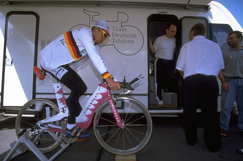 Jan Ullrich of Germany tests out his time trial bike before Stage 18 of the Tour De France from Colmar to Montbeliard in France. Mandatory Credit: Mike Powell /Allsport