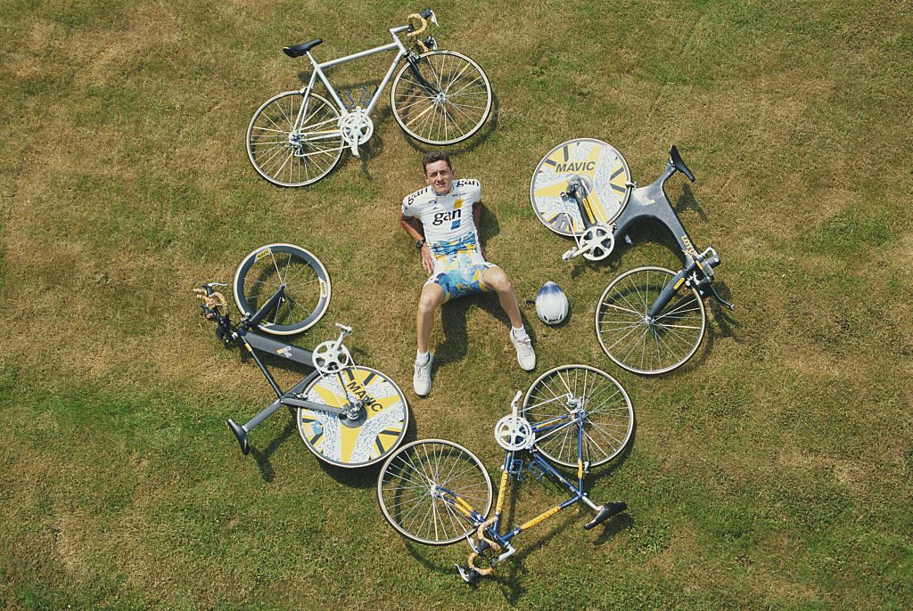 Chris Boardman of Great Britain and rider for the GAN cycling team poses for a portrait with his racing bicycles before the Individual time trial of the Tour de France on 1 July 1994.