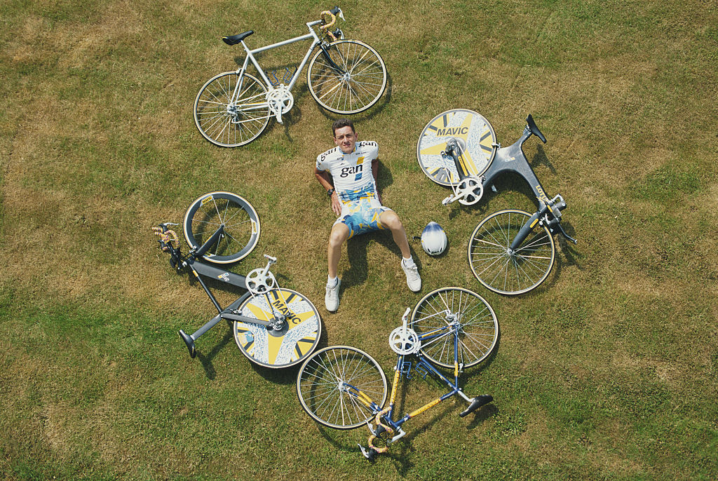 Chris Boardman of Great Britain and rider for the GAN cycling team poses for a portrait with his racing bicycles before the Individual time trial of the Tour de France on 1 July 1994.