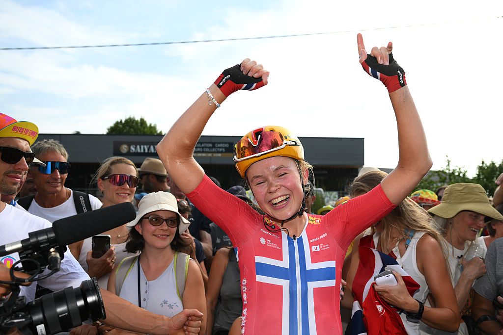 Sigrid Haugset celebrating her stage win at the 2026 Tour de France Femmes.