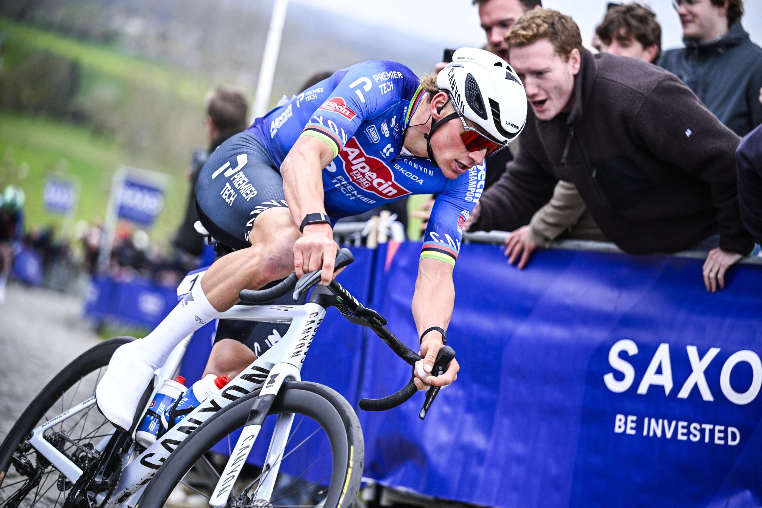 Dutch Mathieu van der Poel of Alpecin-Premier Tech pictured in action during the 'E3 Saxo Bank Classic' one day cycling race, 208,8km from and to Harelbeke, on Friday 27 March 2026.