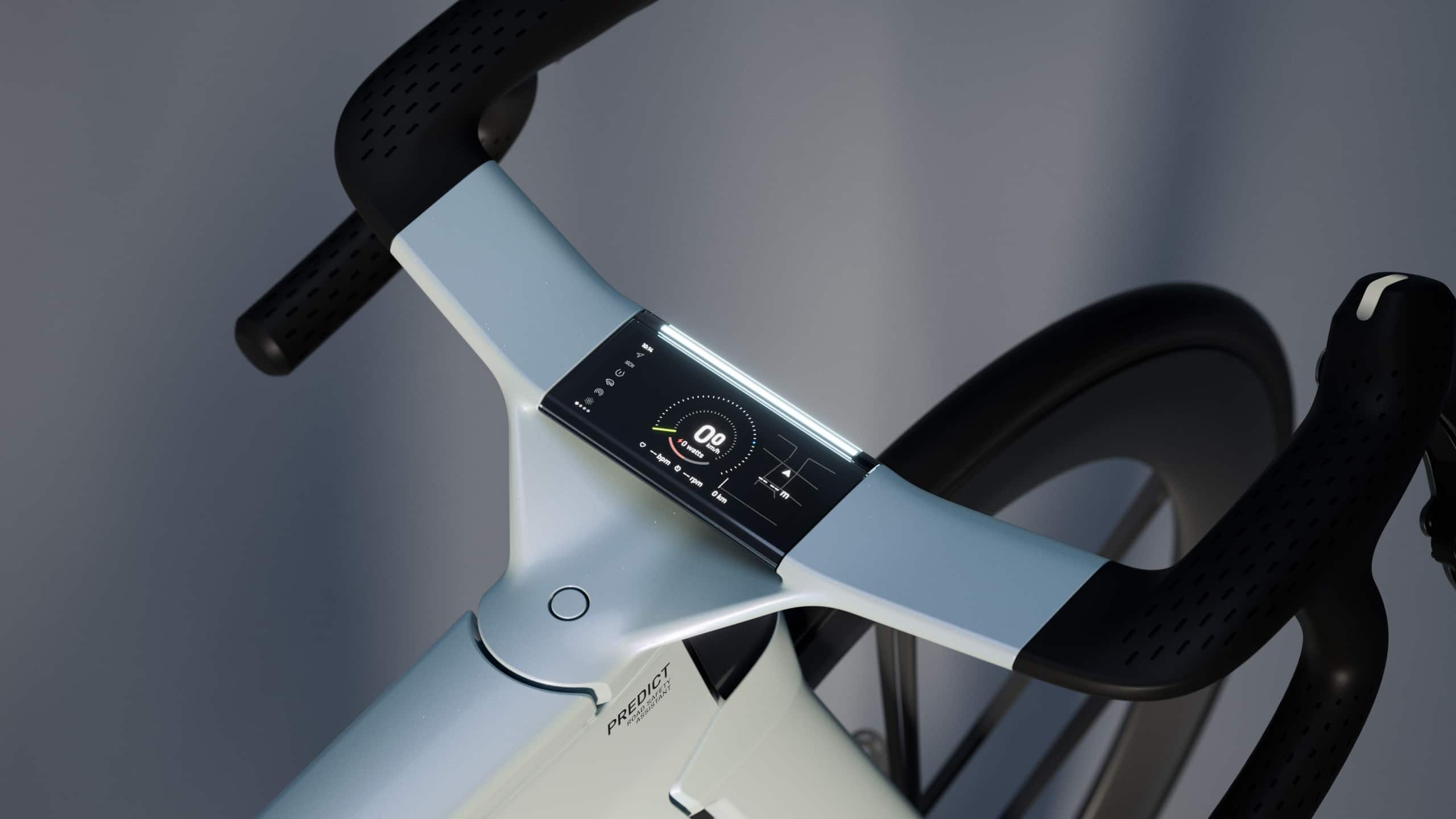 sShiy digital screen inlaid in the wide white handlebars of a bike