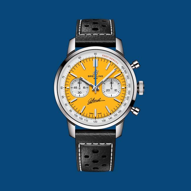 Breitling Top Time B01 Eddy Merckx watch with leather strap.
