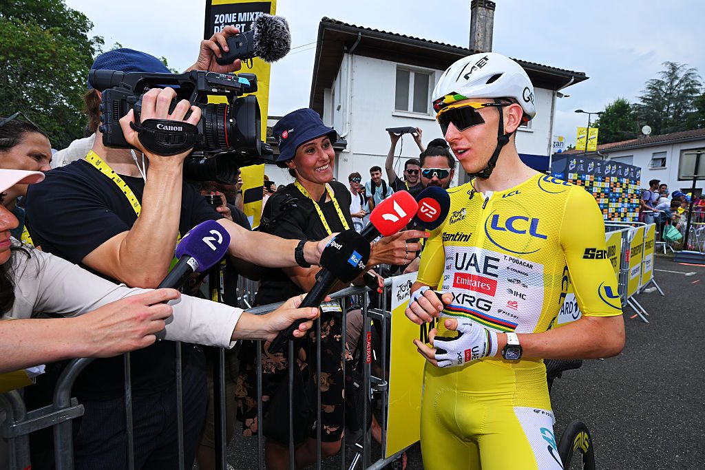 Tadej Pogacar wearing the yellow jersey at the 2026 Tour de France