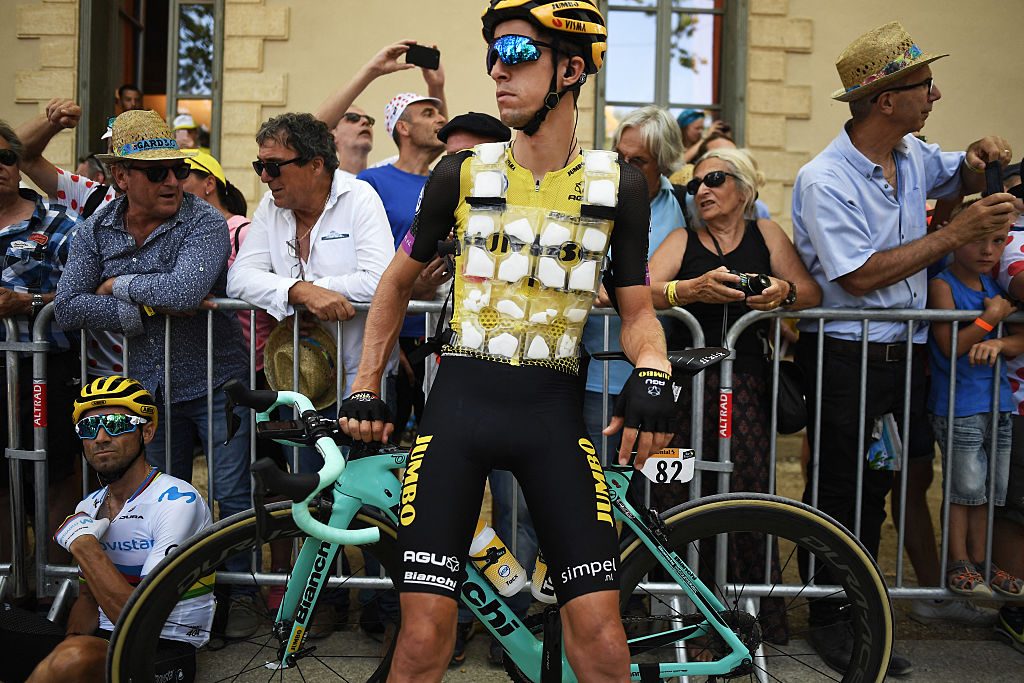 New Zealand's George Bennett wearing an ice vest at the 2019 Tour de France.