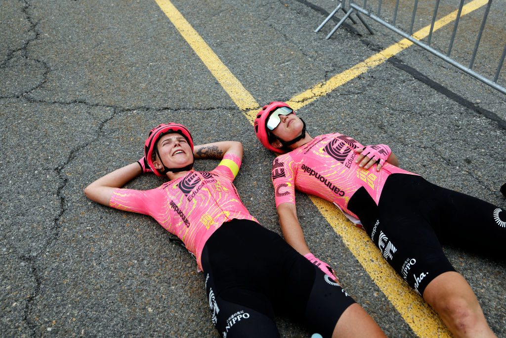 Team EF Education - Cannondale's New Zealander rider Kim Cadzow (L) and US rider Kristen Faulkner (R) react after finishing the 8th and final stage of the 2024 La Vuelta Femenina cycling tour of Spain, an 89,5 km race from Madrid to Valdesqui ski resort, in Rascafria, on May 5, 2024. (Photo by OSCAR DEL POZO / AFP)