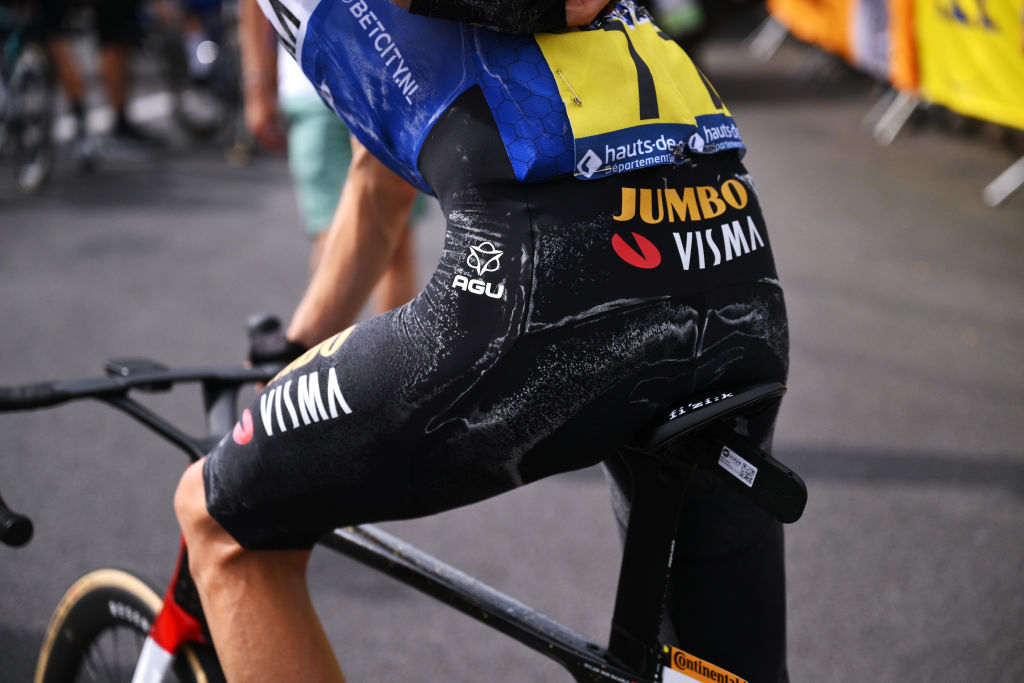 Sweat detail view of Dylan Van Baarle of The Netherlands and Team Jumbo-Visma after the stage eight of the 110th Tour de France 2023 a 200.7km stage from Libourne to Limoges / #UCIWT / on July 08, 2023 in Limoges, France.