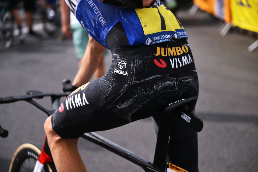 Sweat detail view of Dylan Van Baarle of The Netherlands and Team Jumbo-Visma after the stage eight of the 110th Tour de France 2023 a 200.7km stage from Libourne to Limoges / #UCIWT / on July 08, 2023 in Limoges, France.