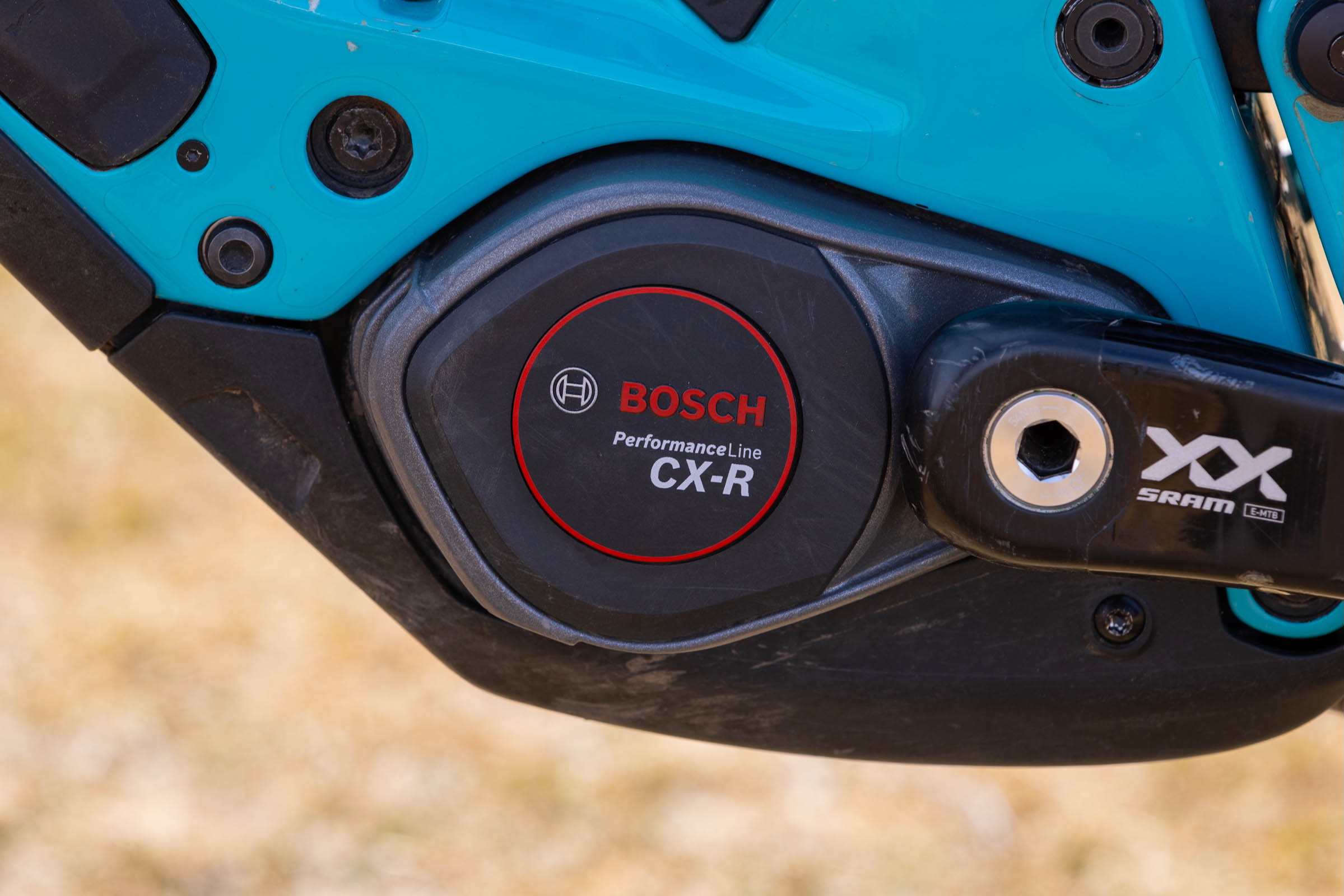 Close-up of the Bosch Performance Line CX-R motor and SRAM XX crank fitted to the Yeti LTe T4