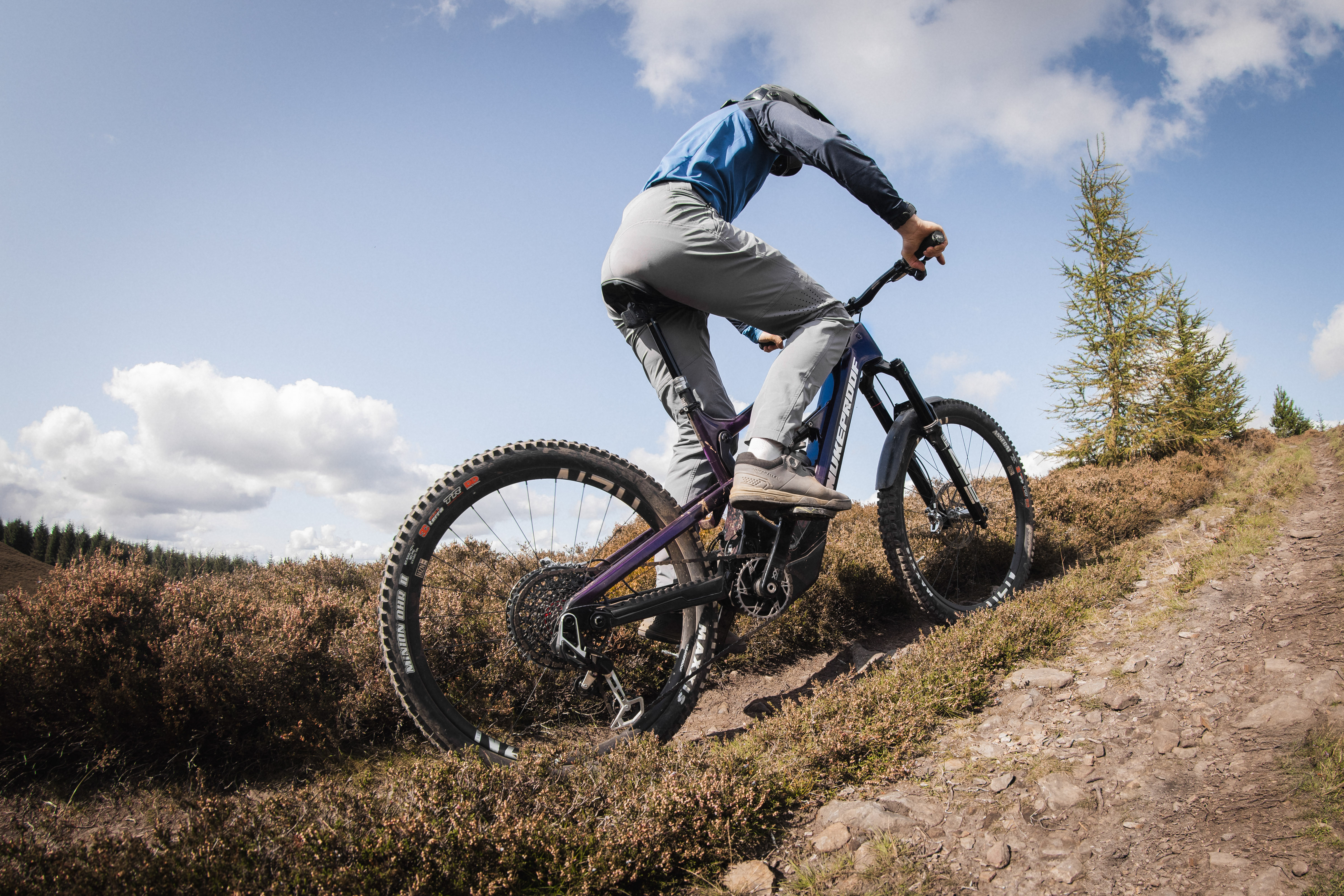SRAM Eagle Powertrain electric mountain bike motor fitted to a Nukeproof Megawatt enduro eMTB ridden by Alex Evans, BikeRadar's senior technical editor on a mountain bike trail at the Golfie in the Scottish Borders, UK.