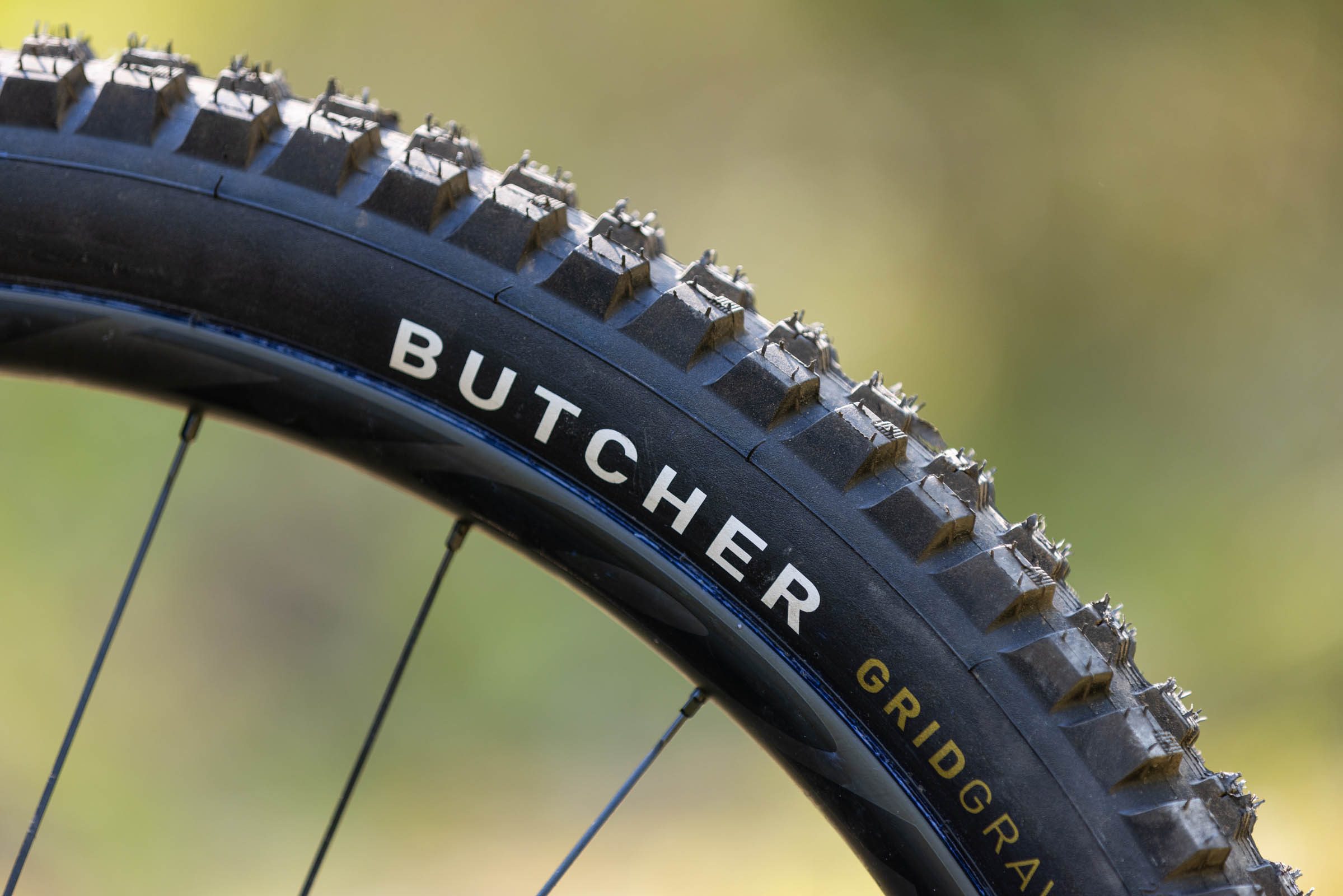 Close-up of the sidewall and tread blocks on a Specialized Butcher Grid Gravity Radial T9 mountain bike tyre.
