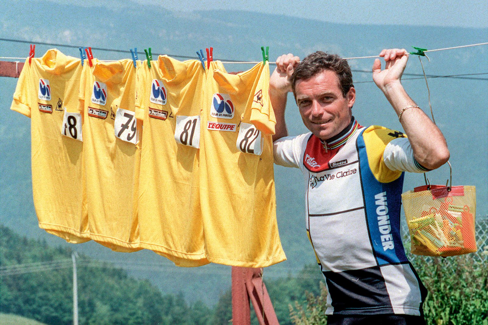 Frenchman Bernard Hinault with his yellow jerseys he won in (1978, 1979, 1981, 1982