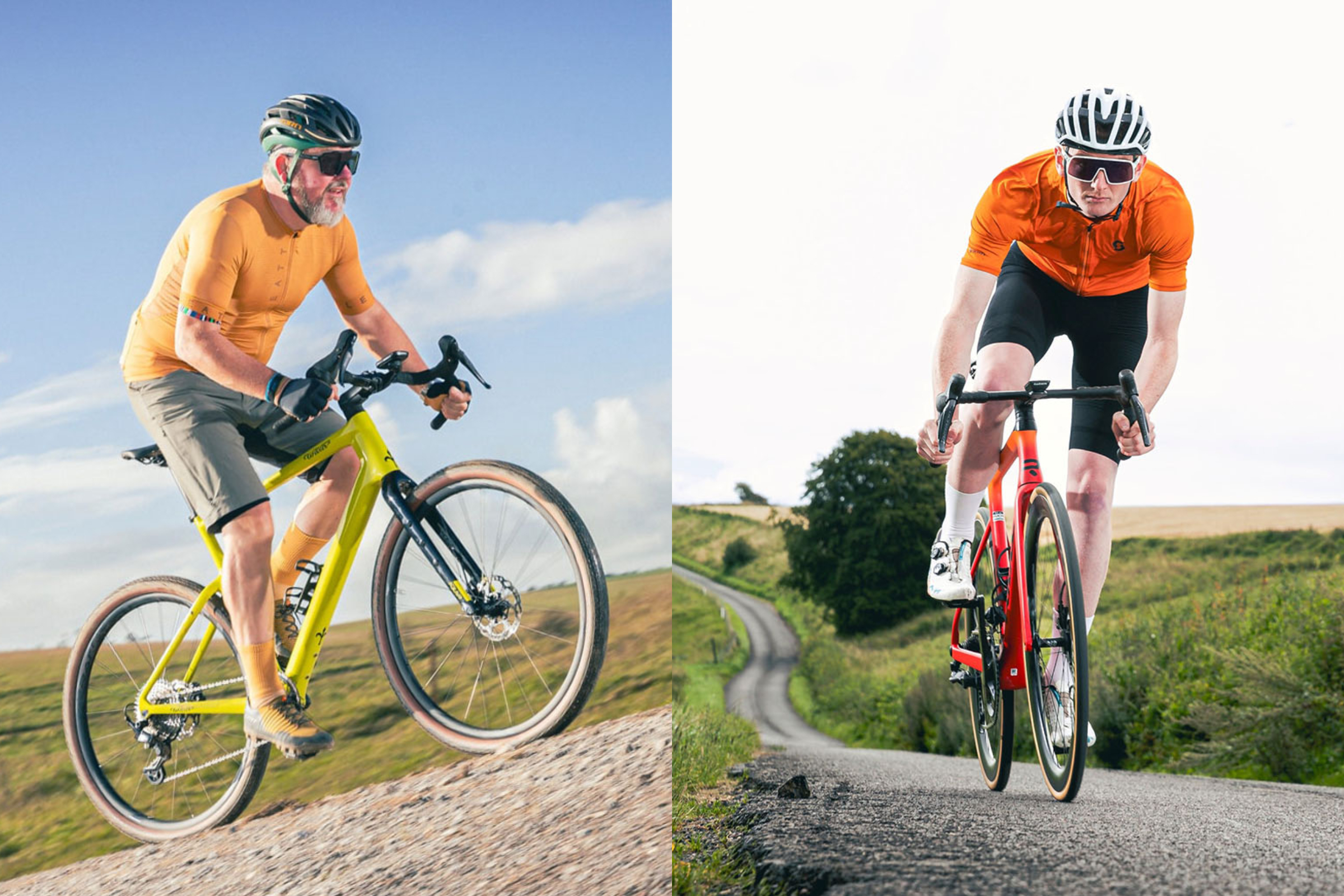 Collage of one male cyclist riding a gravel bike and another on a road bike