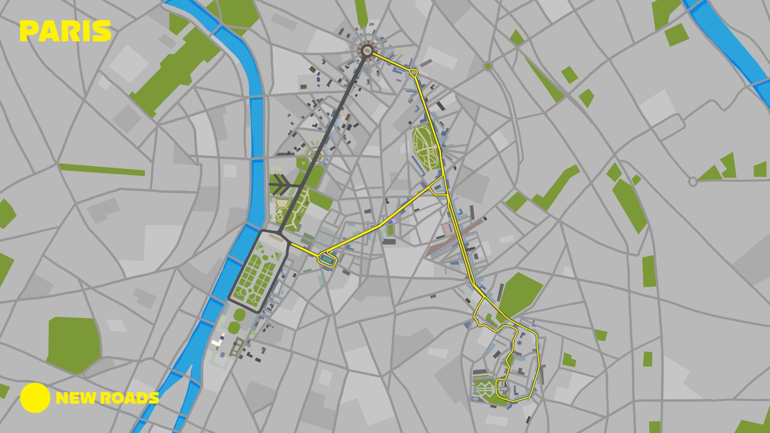 Map showing new roads in the expanded Zwift Paris map.
